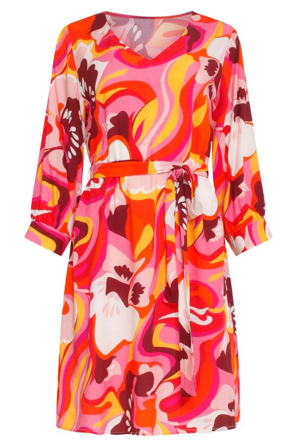Smashed Lemon 24000 Floral Retro Print V-Neck Jurk Met Riem | Pink-Multicolour