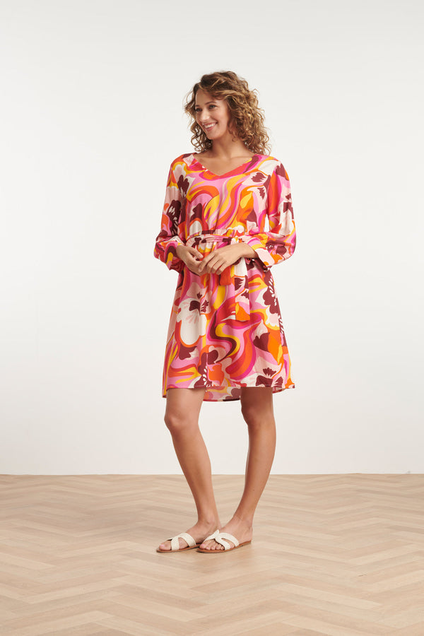Smashed Lemon 24000 Floral Retro Print V-Neck Jurk Met Riem | Pink-Multicolour