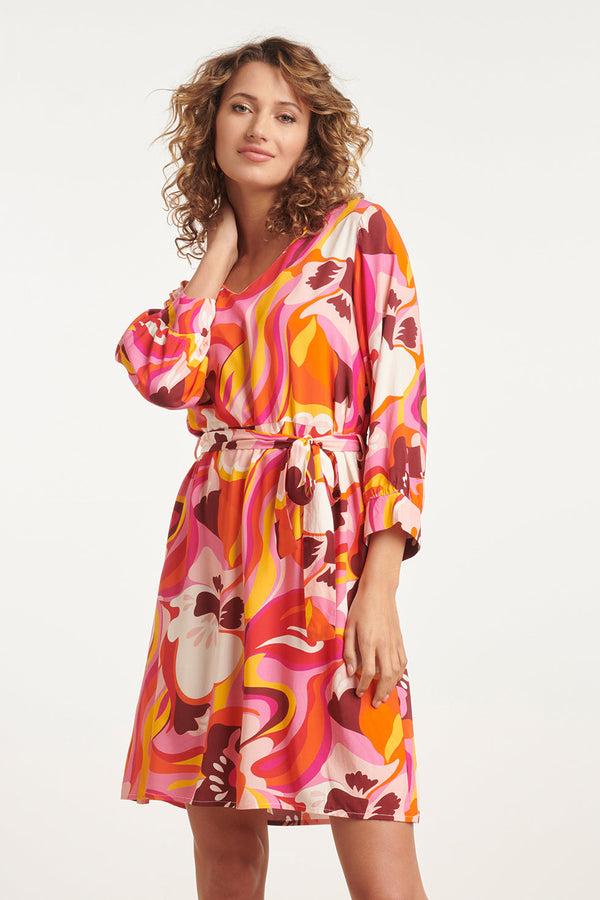 smashed lemon 24000 Floral Retro Print V-Neck Jurk Met Riem | Pink-Multicolour