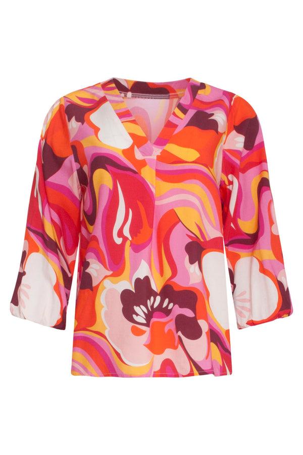 Smashed Lemon 24001 Retro Print Loose Fit V-Hals Top Met Pofmouw | Pink-Multicolour