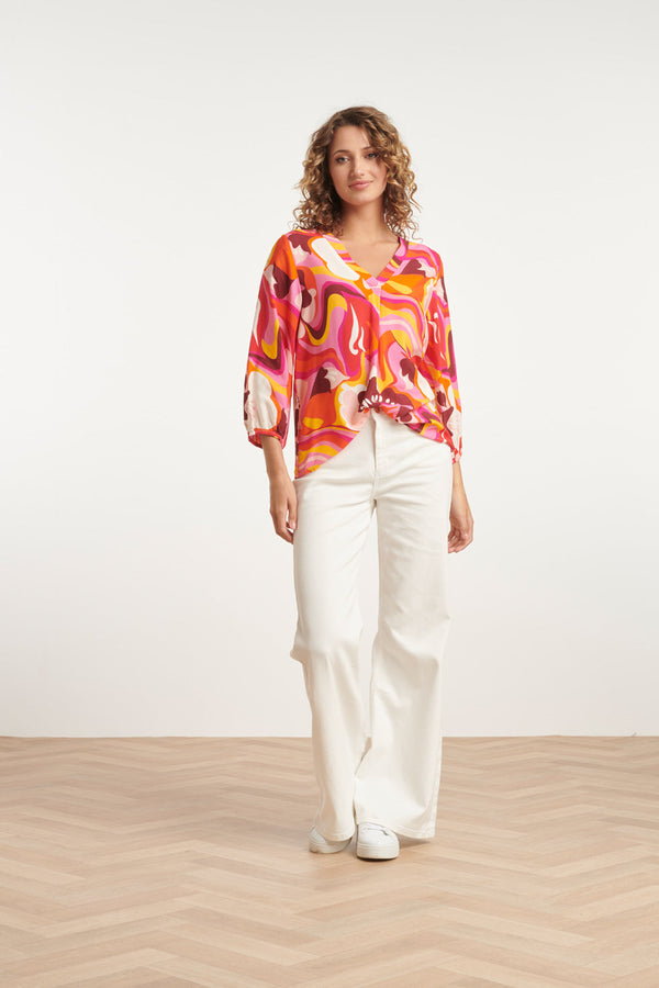 Smashed Lemon 24001 Retro Print Loose Fit V-Hals Top Met Pofmouw | Pink-Multicolour