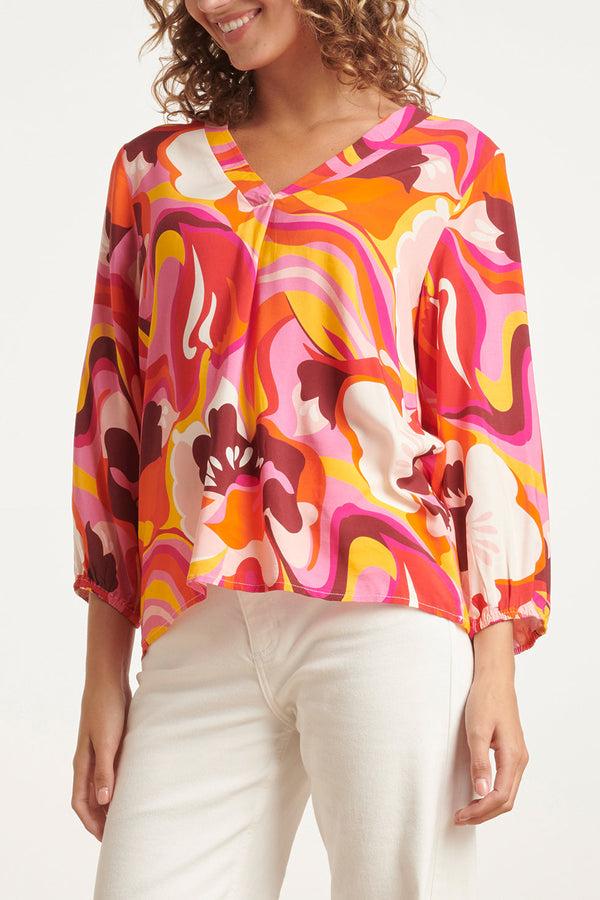 Smashed Lemon 24001 Retro Print Loose Fit V-Hals Top Met Pofmouw | Pink-Multicolour