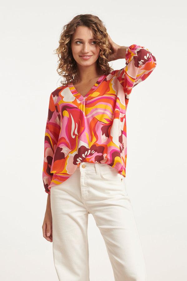 smashed lemon 24001 Retro Print Loose Fit V-Hals Top Met Pofmouw | Pink-Multicolour
