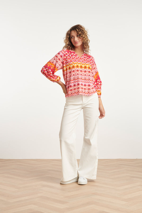 Smashed Lemon 24004 Retro Print V-Hals Top Met Ballonmouw | Pink-Multicolour