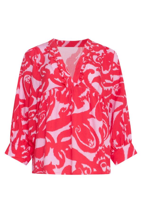 Smashed Lemon 24007 Bloemen Barok Losvallende Top Met Ballonmouwen | Pink-Red