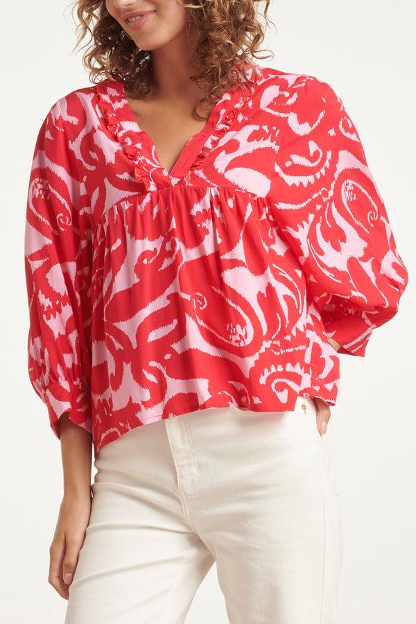 Smashed Lemon 24007 Bloemen Barok Losvallende Top Met Ballonmouwen | Pink-Red