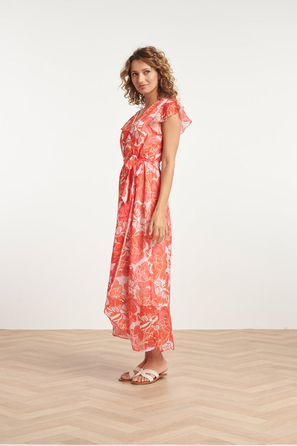 Smashed Lemon 24008 Bloemenpracht Chiffon Jurk Met Ruchesceintuur | Pink-Red