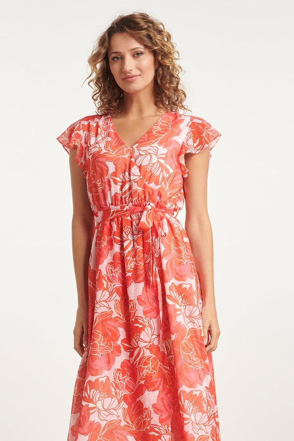 Smashed Lemon 24008 Bloemenpracht Chiffon Jurk Met Ruchesceintuur | Pink-Red