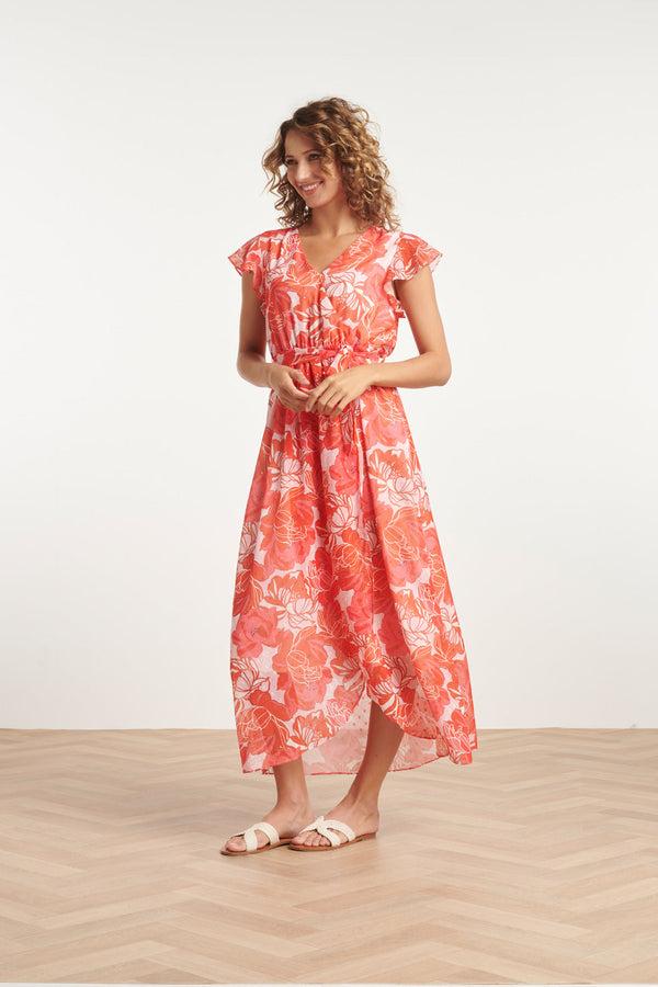 smashed lemon 24008 Bloemenpracht Chiffon Jurk Met Ruchesceintuur | Pink-Red