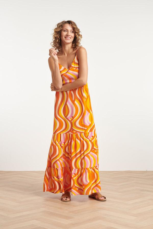 Smashed Lemon 24011 Zomerse Spaghetti Jurk Met Retro Print | Orange-Multicolour
