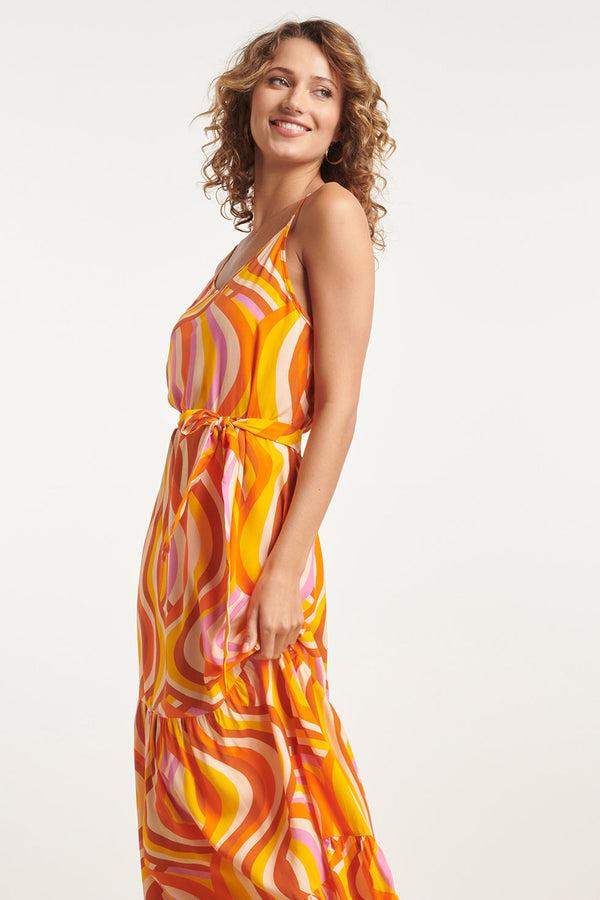 Smashed Lemon 24011 Zomerse Spaghetti Jurk Met Retro Print | Orange-Multicolour