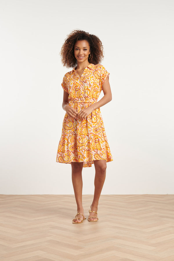 Smashed Lemon 24012 Kort Shirt Jurkje Met Paisley Print | White-Orange
