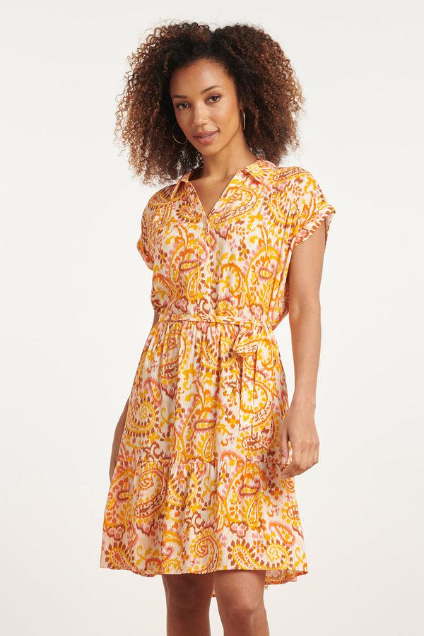 smashed lemon 24012 Kort Shirt Jurkje Met Paisley Print | White-Orange
