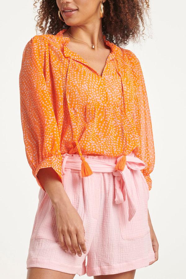 Smashed Lemon 24017 Polka Dot Chiffon Top | Orange-Pink