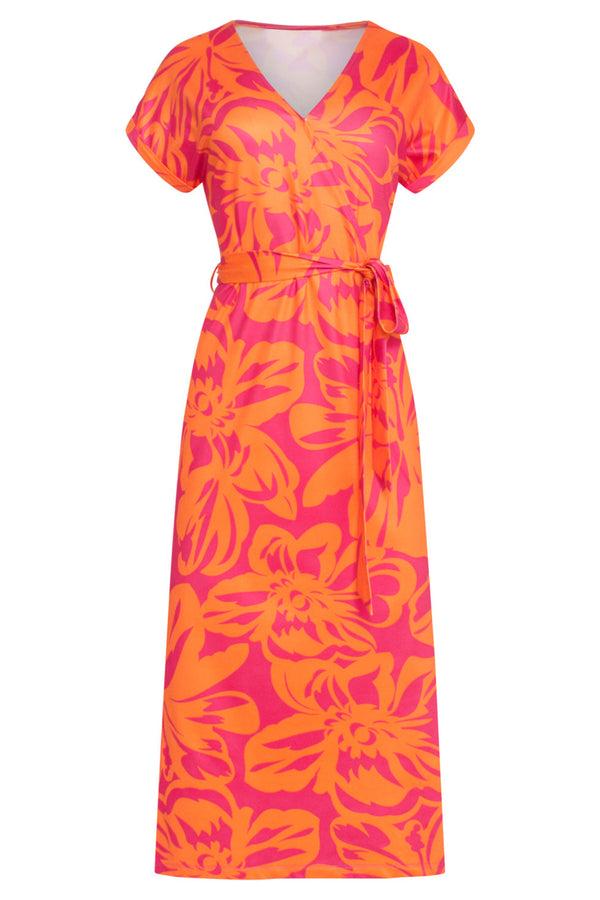 Smashed Lemon 24019 Stretch Jurk Met Fuchsia Bloemenprint | Orange-Fuchsia