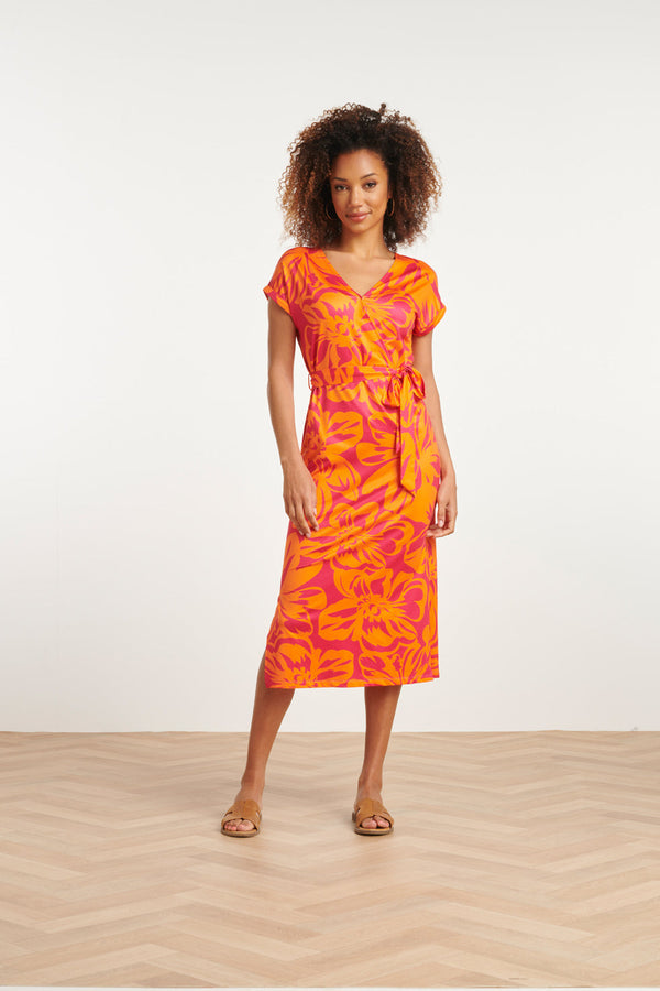 Smashed Lemon 24019 Stretch Jurk Met Fuchsia Bloemenprint | Orange-Fuchsia