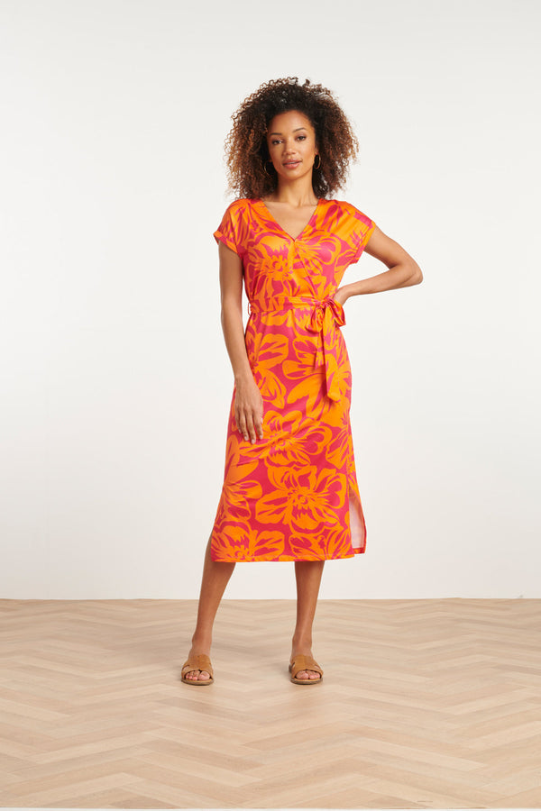 smashed lemon 24019 Stretch Jurk Met Fuchsia Bloemenprint | Orange-Fuchsia