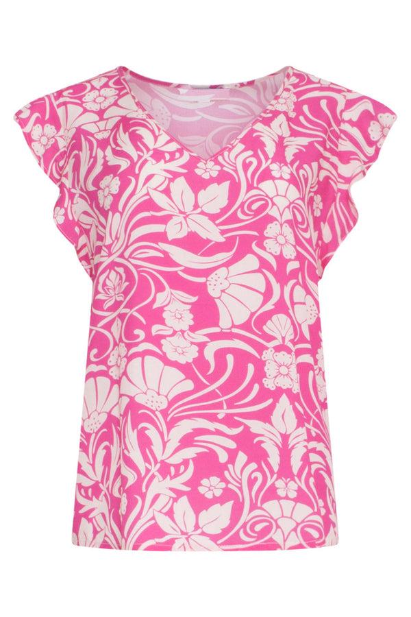 Smashed Lemon 24023 Zomerse V-Hals Top Met Bloemenprint | Fuchsia-White