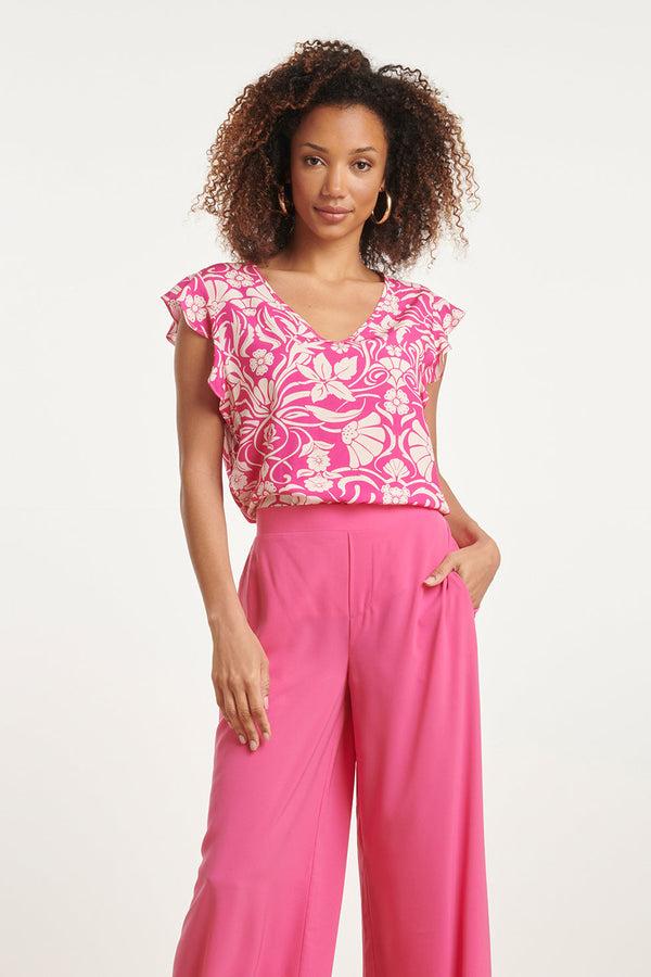 smashed lemon 24023 Zomerse V-Hals Top Met Bloemenprint | Fuchsia-White