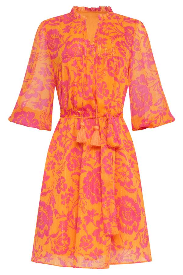 Smashed Lemon 24024 V-Hals Chiffon Jurk Met Ballonmouwen | Orange-Fuchsia