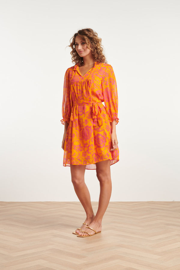 Smashed Lemon 24024 V-Hals Chiffon Jurk Met Ballonmouwen | Orange-Fuchsia