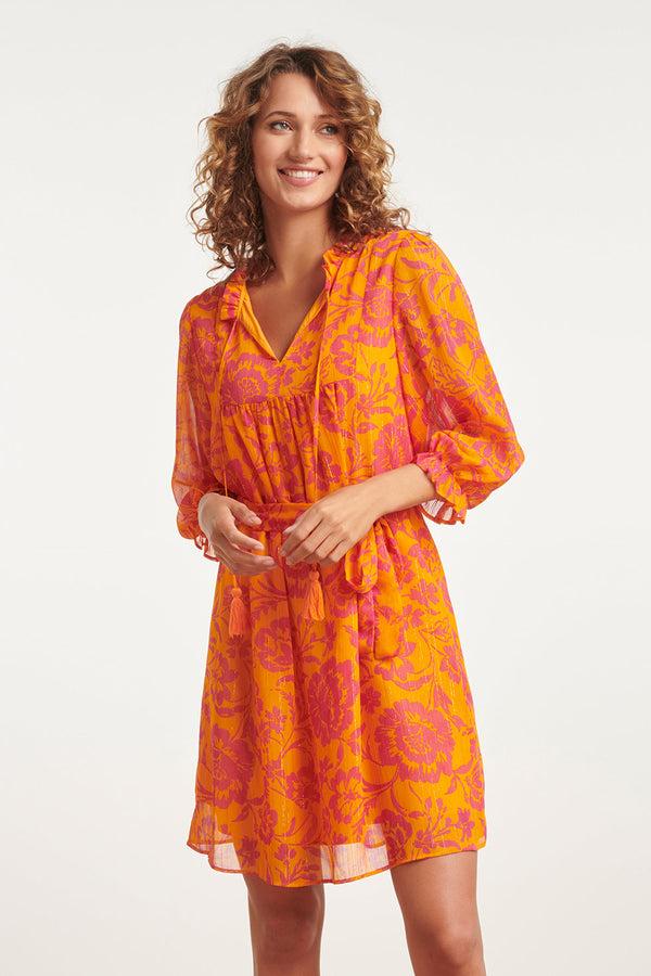 smashed lemon 24024 V-Hals Chiffon Jurk Met Ballonmouwen | Orange-Fuchsia