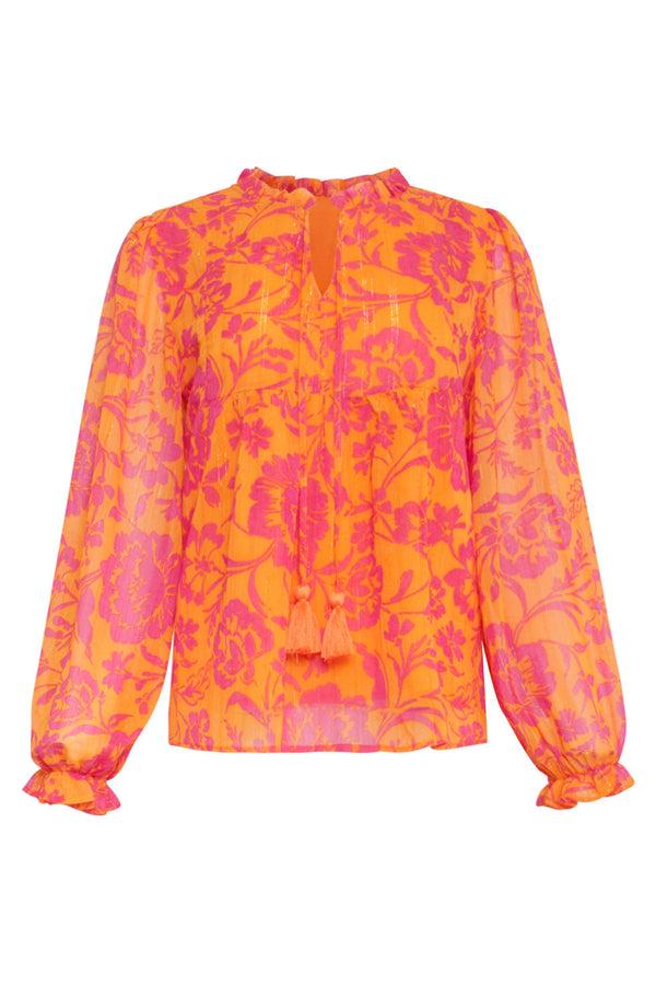 Smashed Lemon 24025 V-Hals Chiffon Top Met Ballonmouwen | Orange-Fuchsia