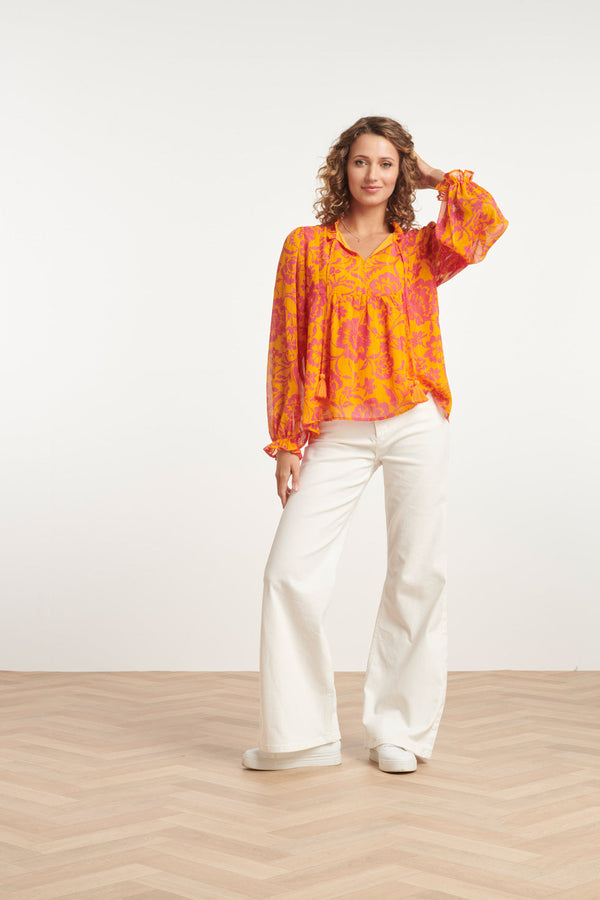 Smashed Lemon 24025 V-Hals Chiffon Top Met Ballonmouwen | Orange-Fuchsia