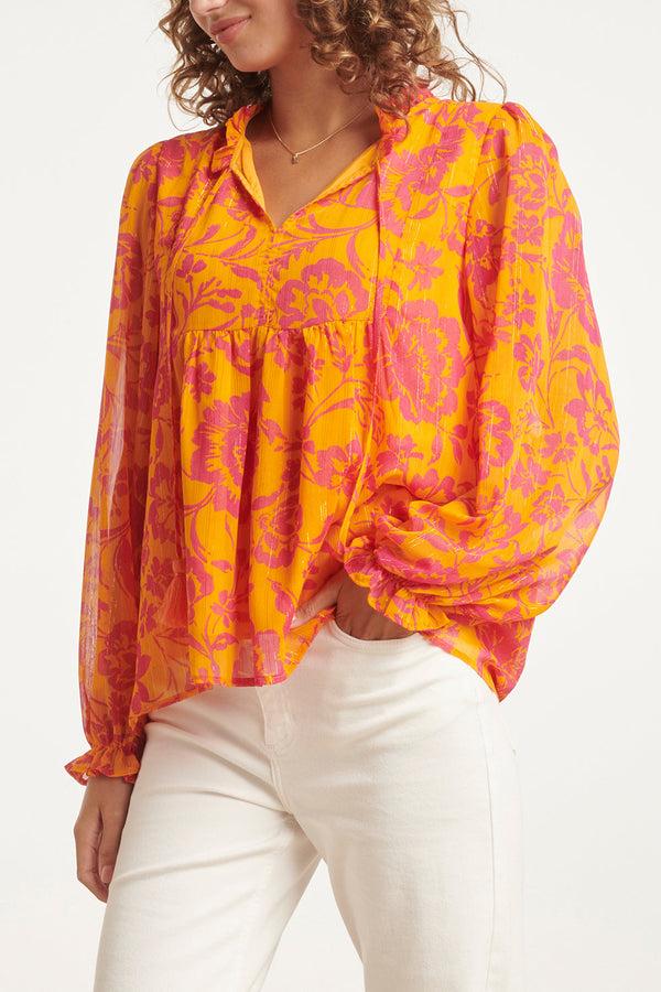 Smashed Lemon 24025 V-Hals Chiffon Top Met Ballonmouwen | Orange-Fuchsia
