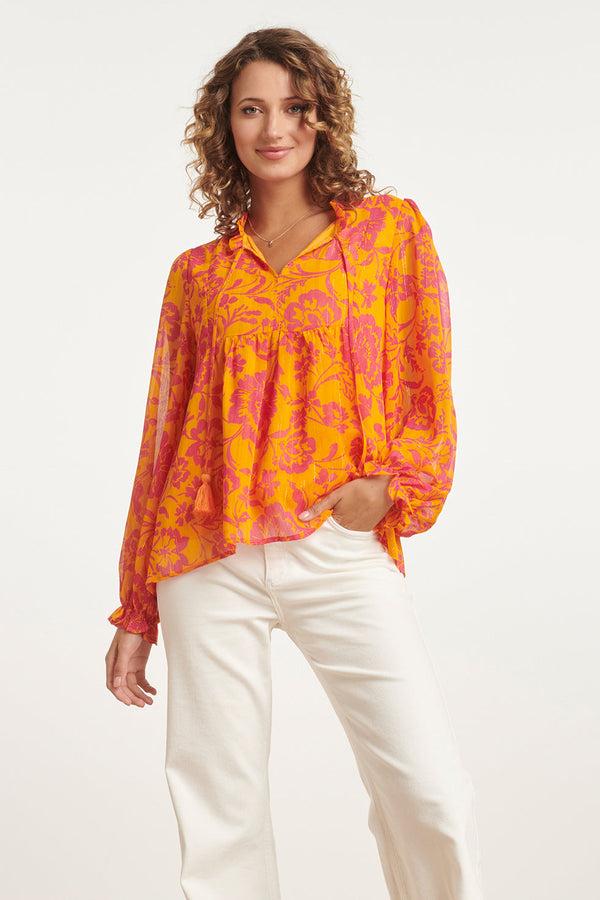 smashed lemon 24025 V-Hals Chiffon Top Met Ballonmouwen | Orange-Fuchsia