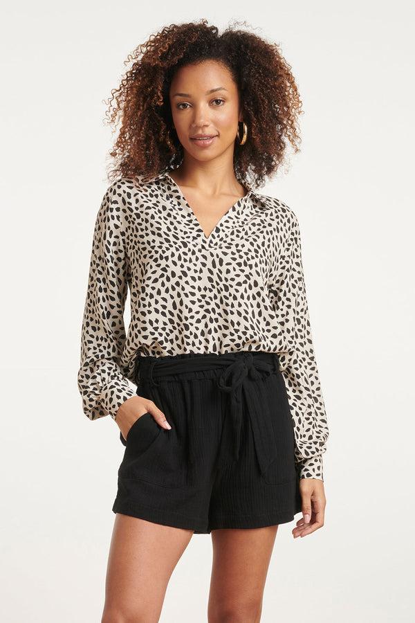 Smashed Lemon 24029 V-Hals Top Met Kraag | Sand-Black