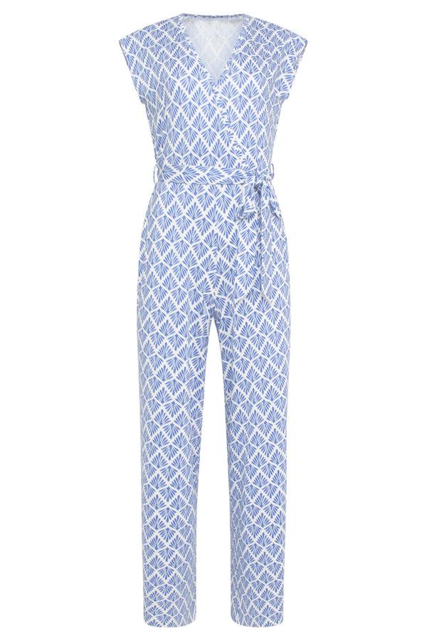 Smashed Lemon 24033 Wikkelstijl Jumpsuit Met Ornament Print | Cobalt Blue-White