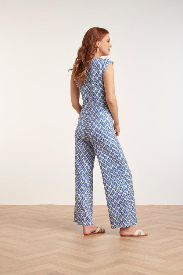 Smashed Lemon 24033 Wikkelstijl Jumpsuit Met Ornament Print | Cobalt Blue-White