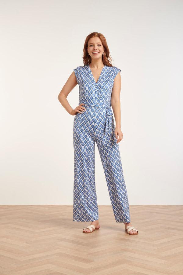 Smashed Lemon 24033 Wikkelstijl Jumpsuit Met Ornament Print | Cobalt Blue-White