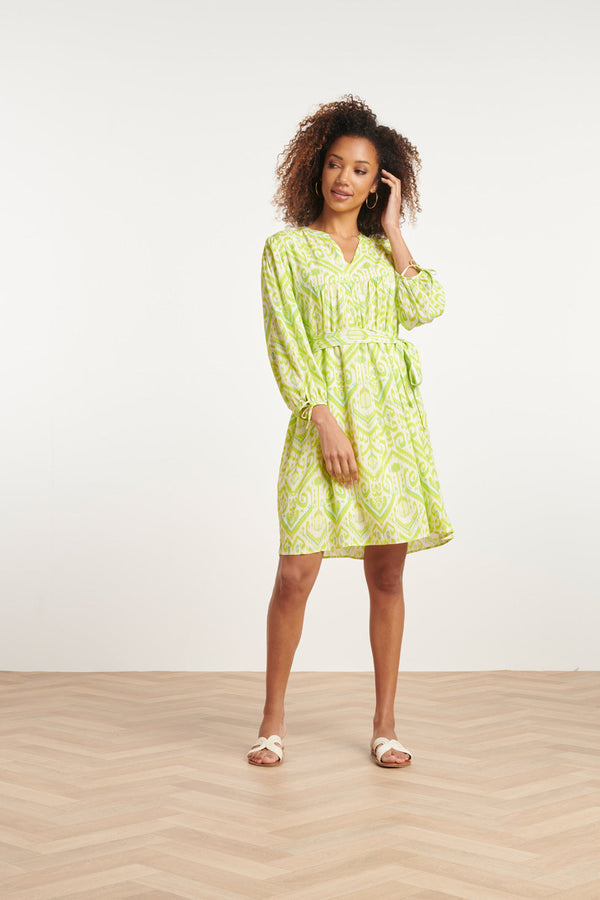 Smashed Lemon 24036 Damesmode: Korte Lime Jurk | White-Lime