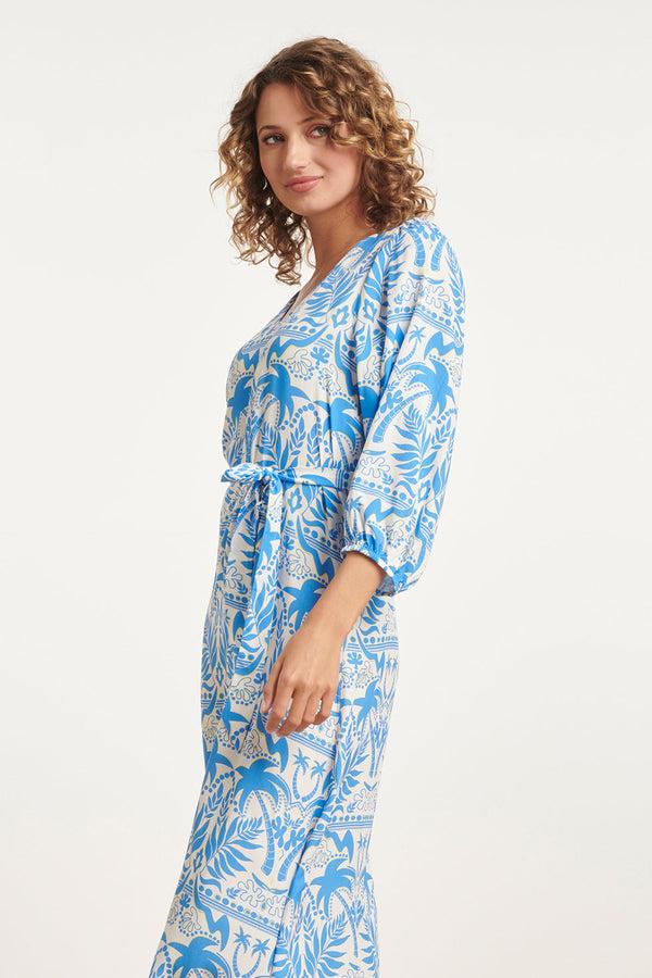 Smashed Lemon 24038 Midi Zomerjurk Met Tropische Print Zomerse | White-Blue