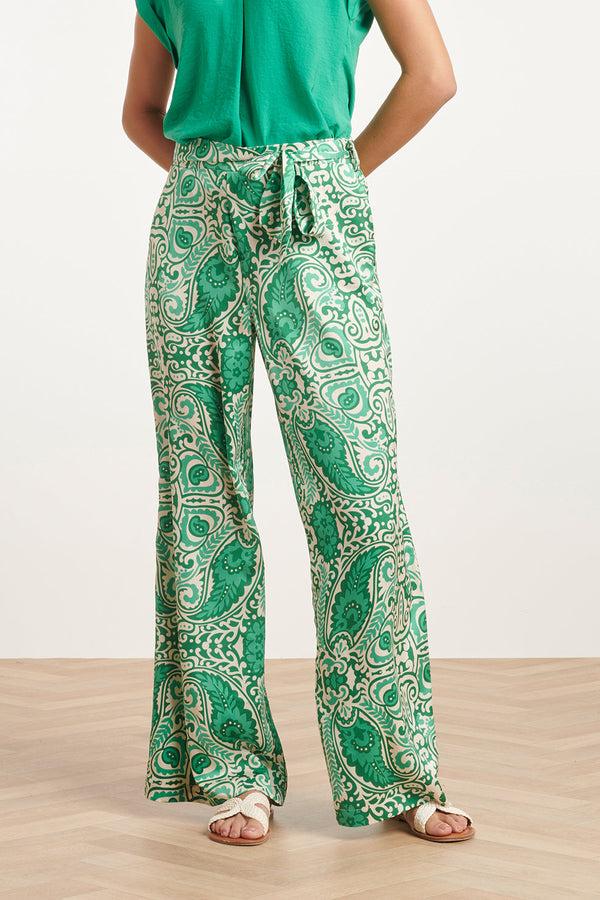 Smashed Lemon 24039 Satijnachtige Wijde Broek | Off White-Green