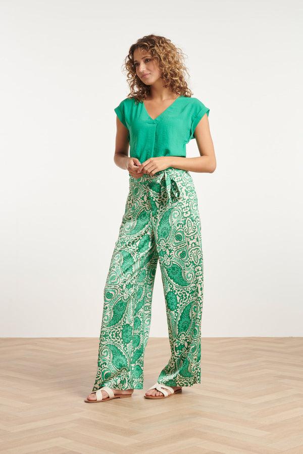 Smashed Lemon 24039 Satijnachtige Wijde Broek | Off White-Green