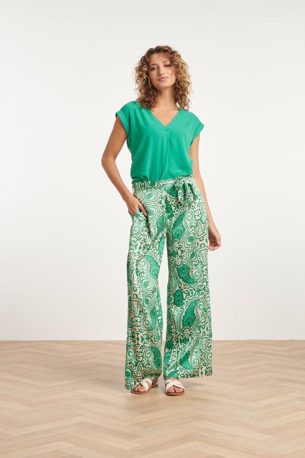 smashed lemon 24039 Satijnachtige Wijde Broek | Off White-Green