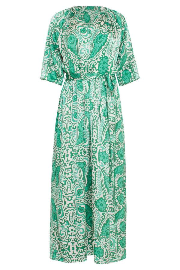 Smashed Lemon 24040 Satijnachtige Maxi Jurk | Off White-Green