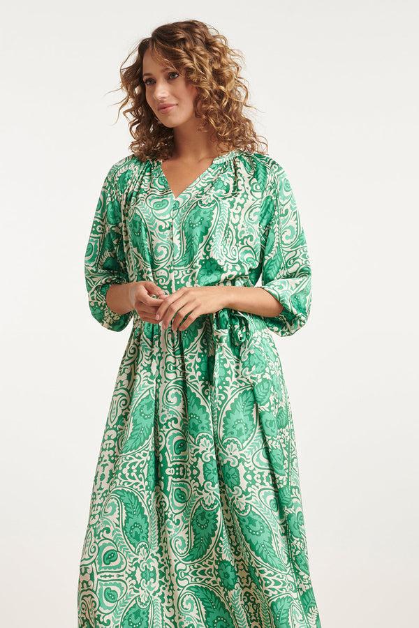 Smashed Lemon 24040 Satijnachtige Maxi Jurk | Off White-Green