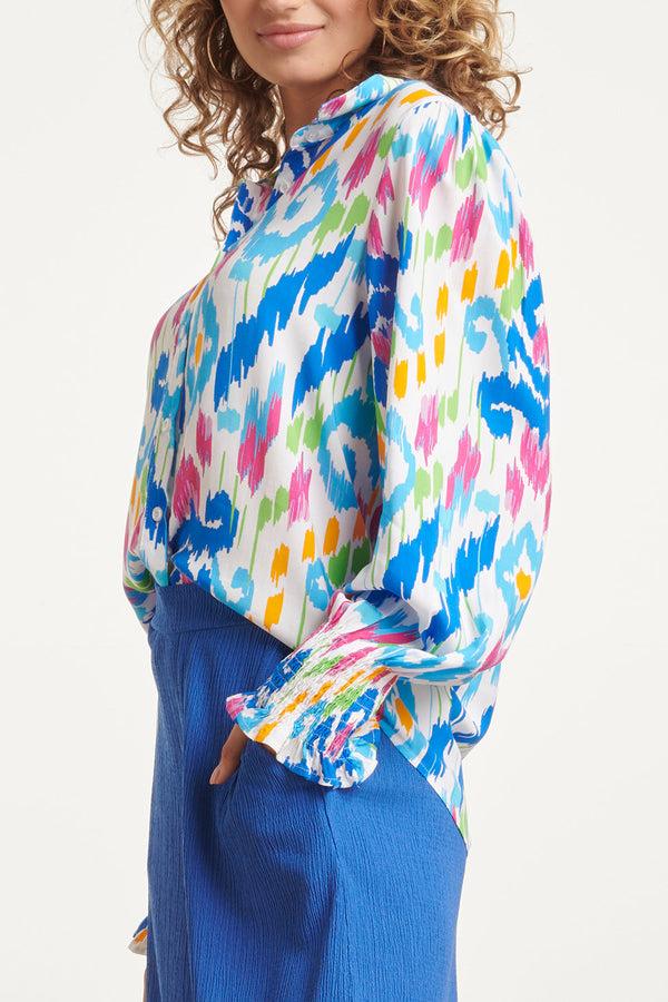 Smashed Lemon 24050 Tribal Print Blouse | White-Multicolour