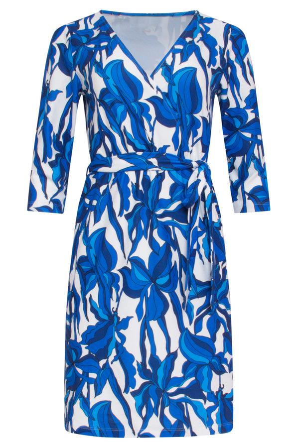 Smashed Lemon 24051 Aansluitende Wrap Jurk Met Stretch | White-Blue