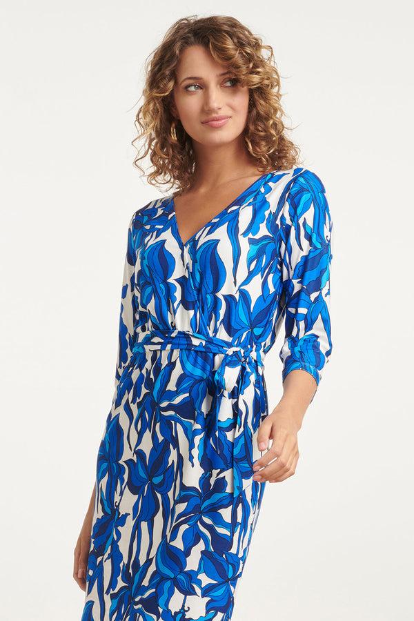Smashed Lemon 24051 Aansluitende Wrap Jurk Met Stretch | White-Blue