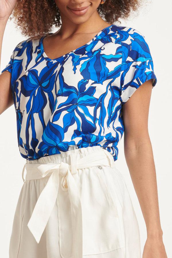 Smashed Lemon 24052 Zachte Top Met Stretch Met Bloemenpatroon | White-Blue