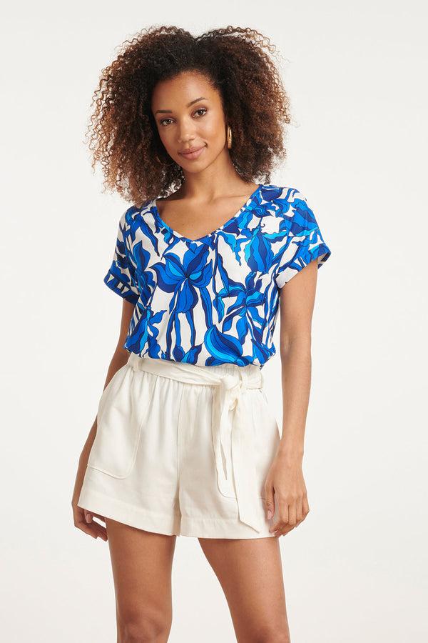 smashed lemon 24052 Zachte Top Met Stretch Met Bloemenpatroon | White-Blue