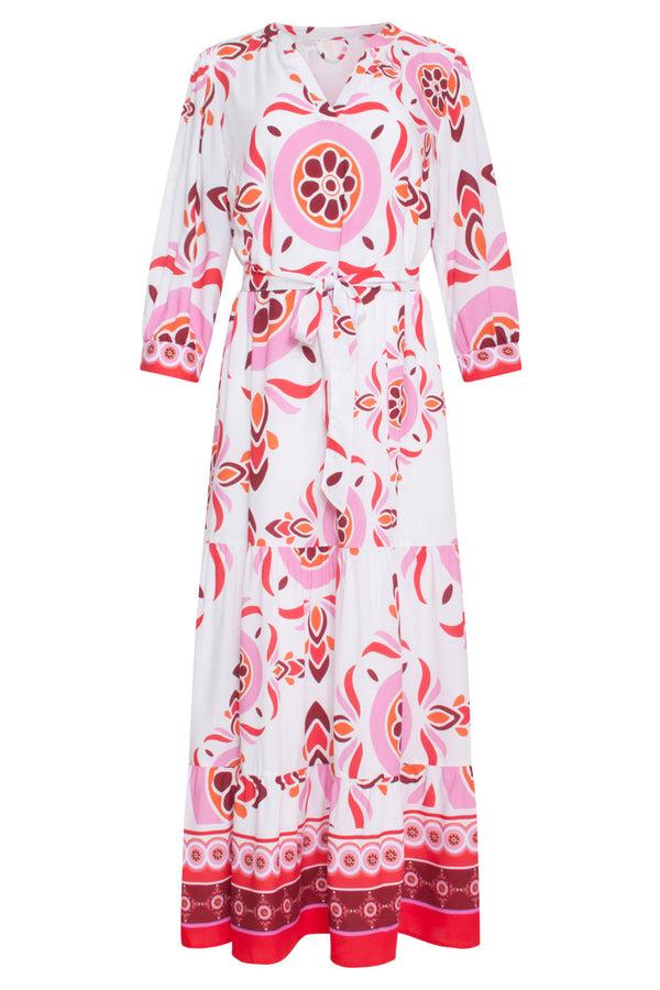 Smashed Lemon 24053 Maxi Jurk Met Diepe V-Hals | White-Multicolour