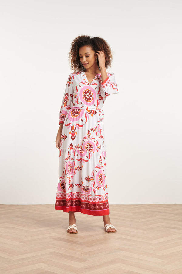 Smashed Lemon 24053 Maxi Jurk Met Diepe V-Hals | White-Multicolour