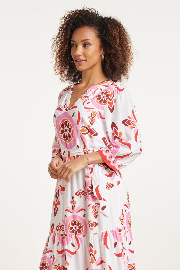 Smashed Lemon 24053 Maxi Jurk Met Diepe V-Hals | White-Multicolour