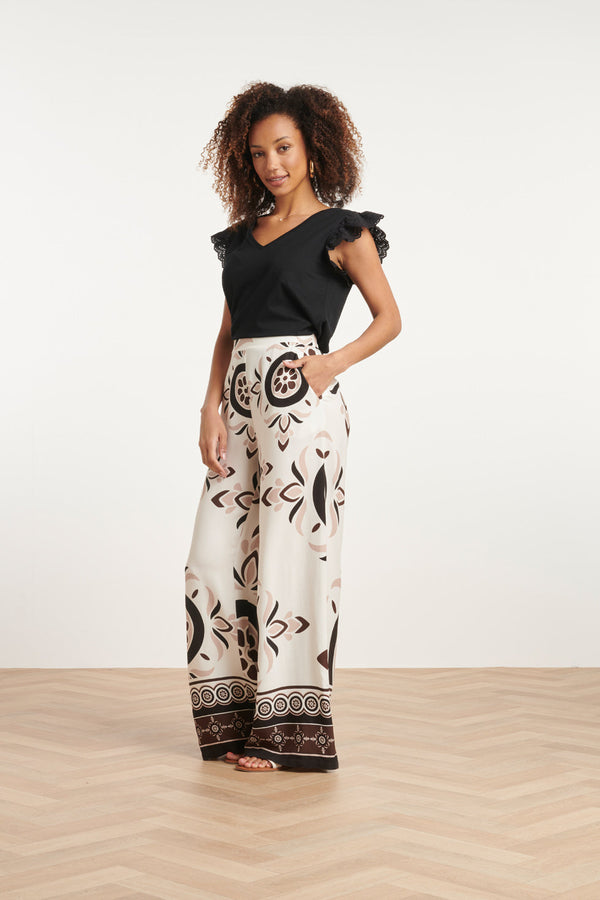 Smashed Lemon 24056 Lang Flowy Broek Met Ornamentprint | White-Sand